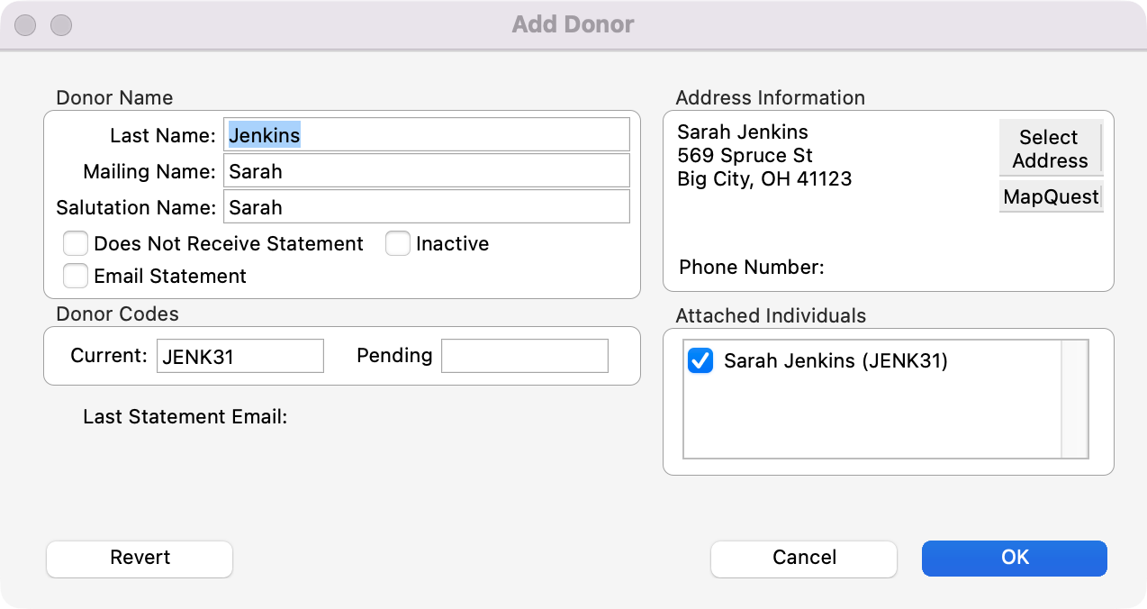 Add Donor window with all the fields populated. 