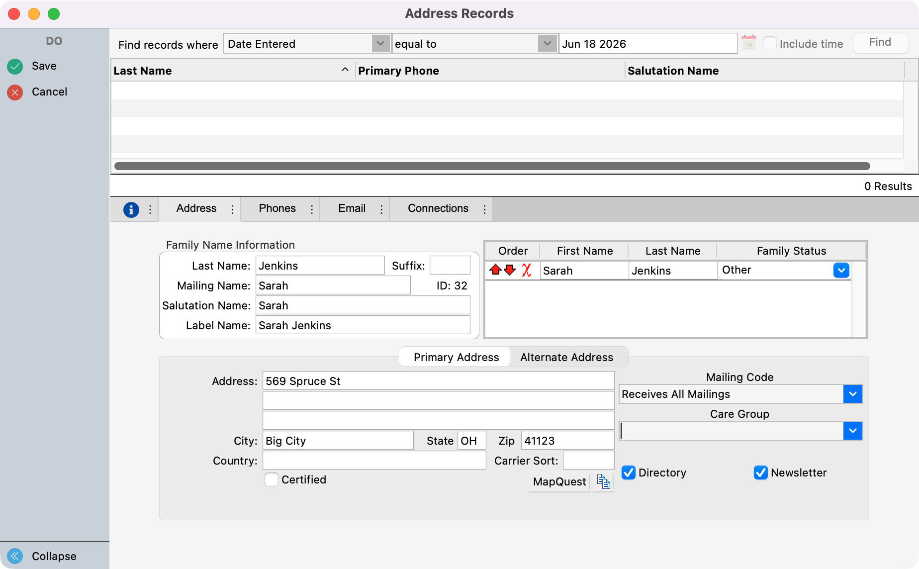 Address record windows with the pre-populated details.