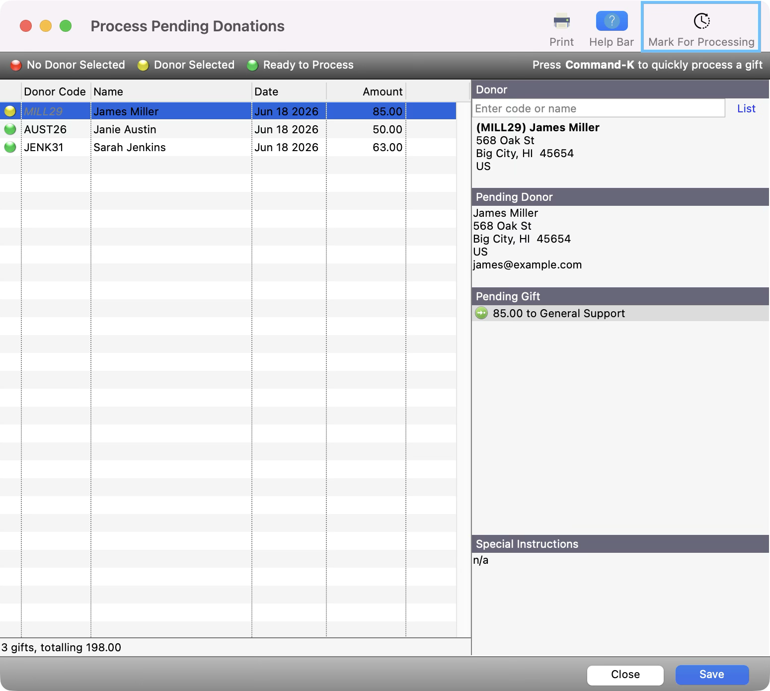Process Pending Donations window with the dots turning green and the Mark for Processing button highlighted.