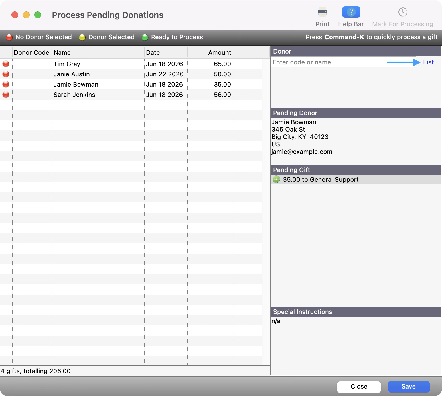 Process Pending Donations queue with an arrow pointing to the list option. 