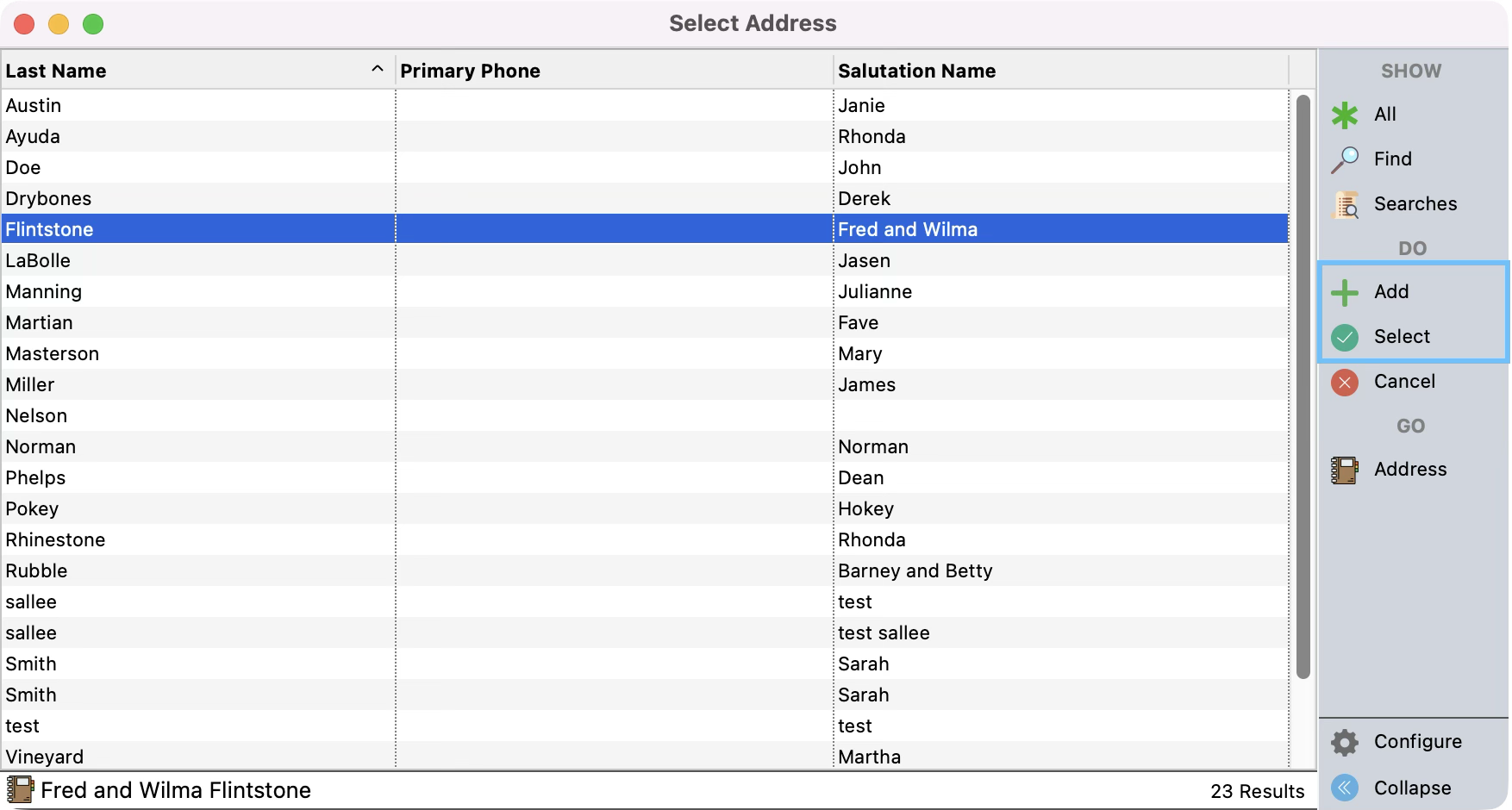 The Select Address window with Select and Add highlighted in the right sidebar.