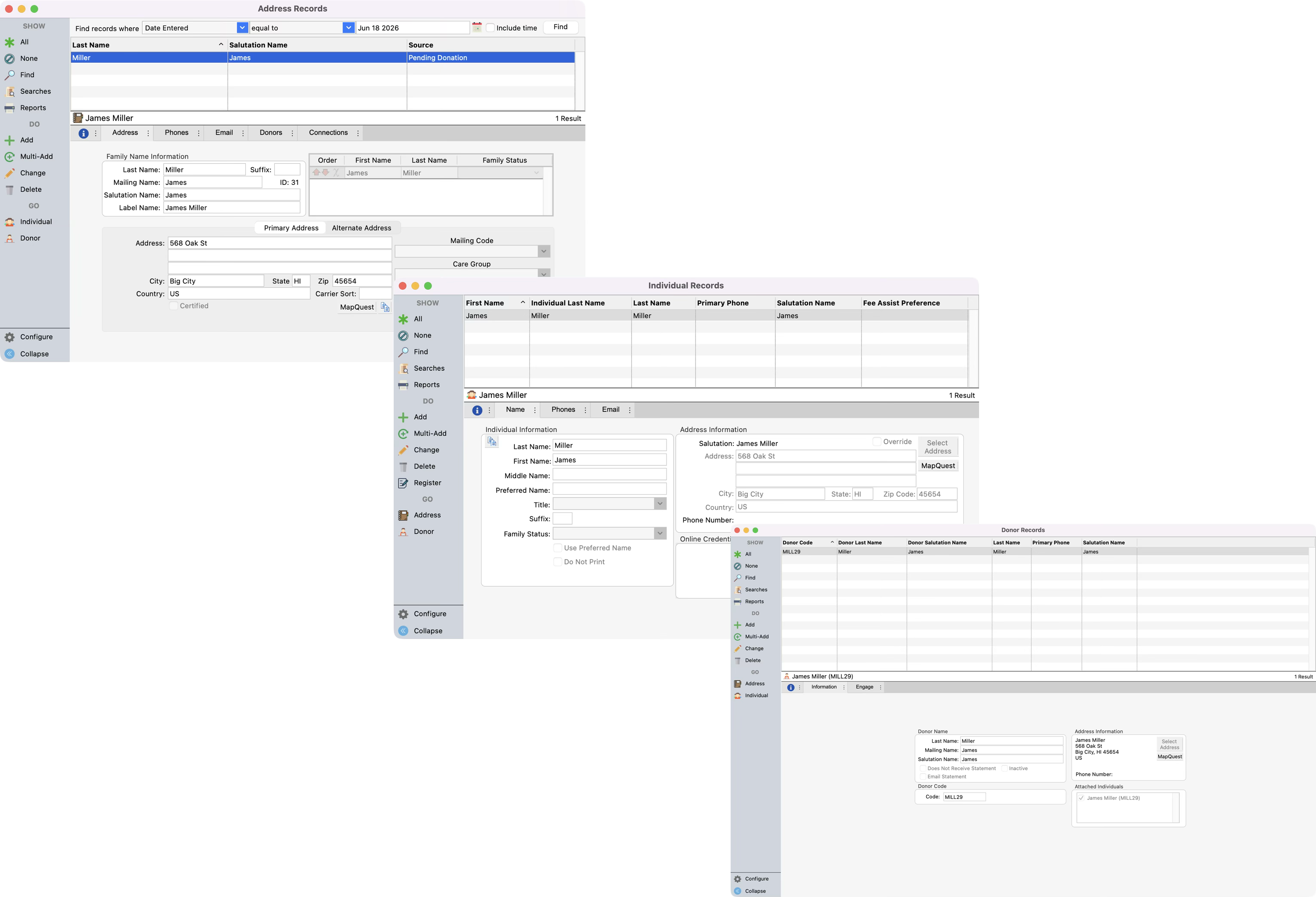 The address, individual, and donor records that were created when using create from pending donation. 