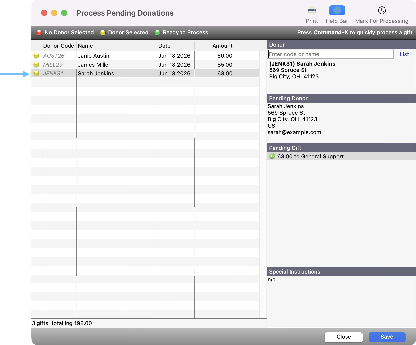 Process Pending Donations window with an arrow pointing to the new yellow dot. 