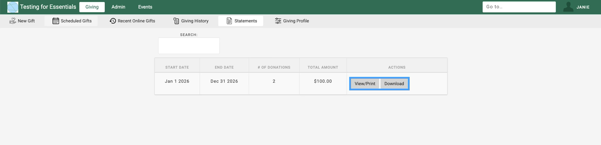 The statement page with the View-Print and Download buttons highlighted. 