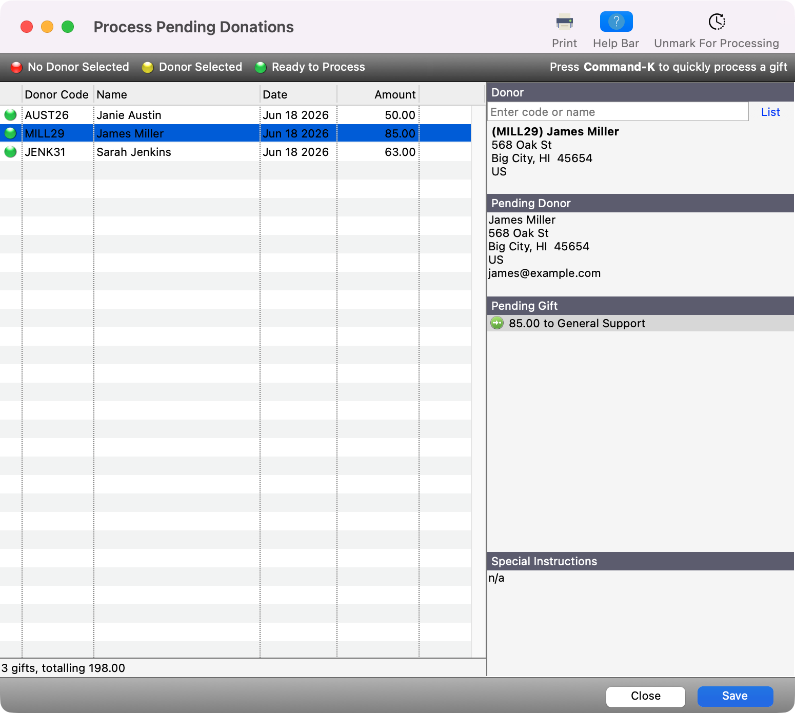 Process Pending Donations window with donations ready to be processed. 