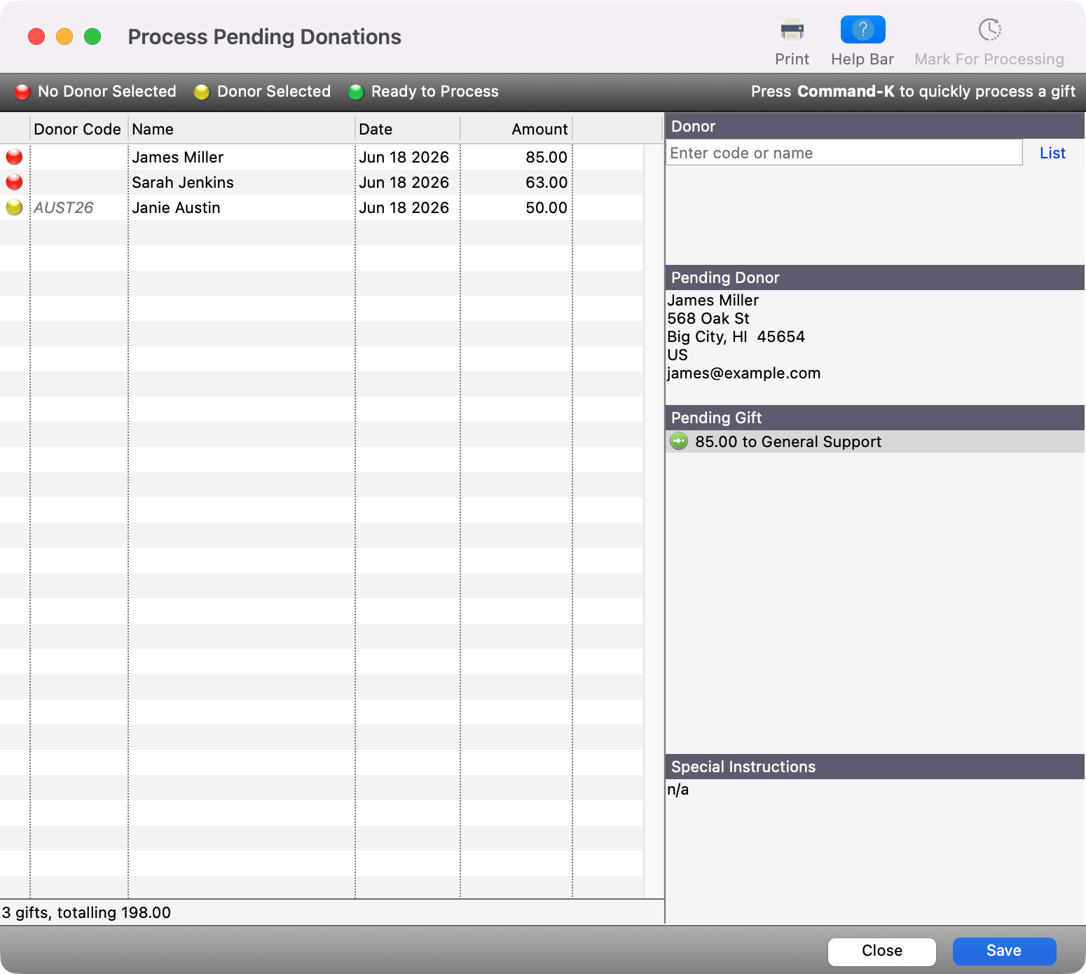 Process Pending Donations window
