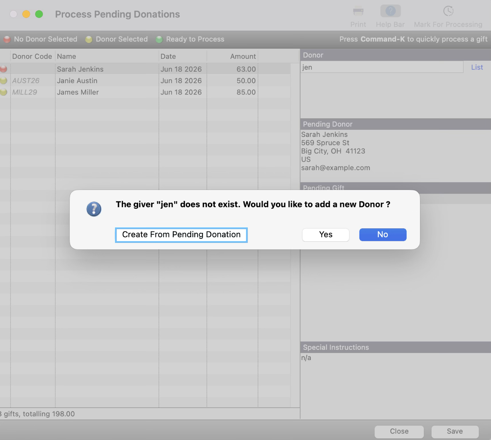 The Process Pending Donation window with a pop-up asking if you want to create a new donor record. Create from Pending Donation is highlighted. 