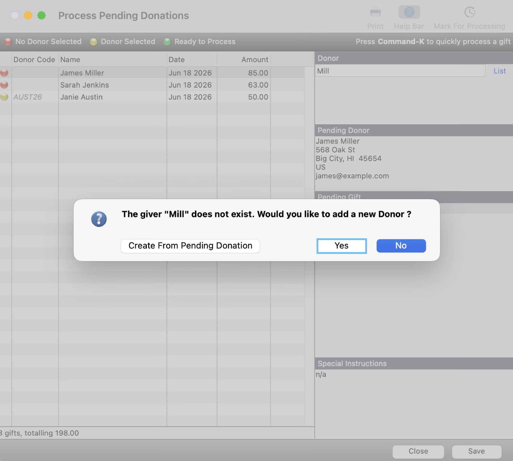 The Process Pending Donation window with a pop-up asking if you want to create a new donor record. Yes, is highlighted. 