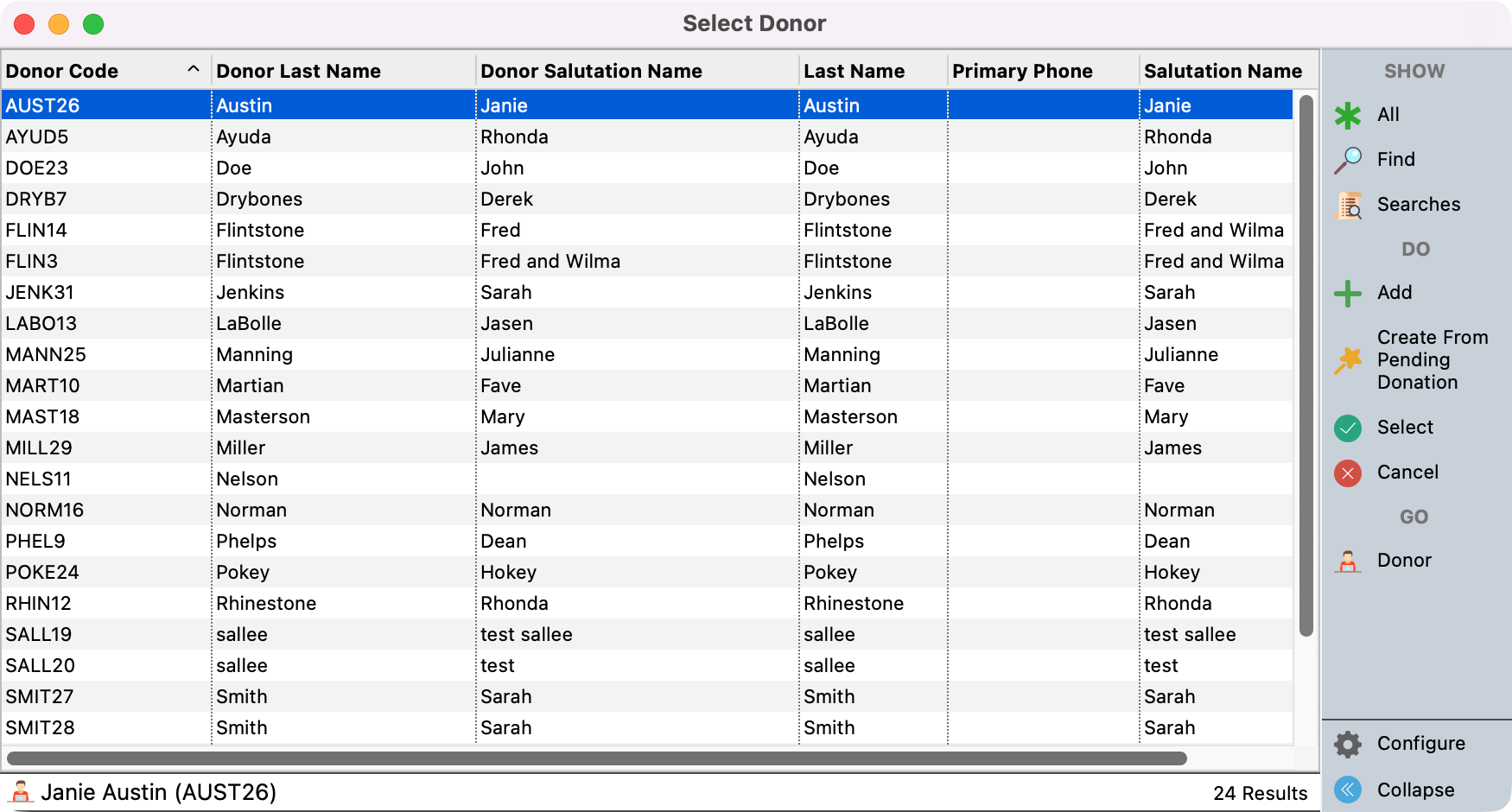 Select Donor window. 