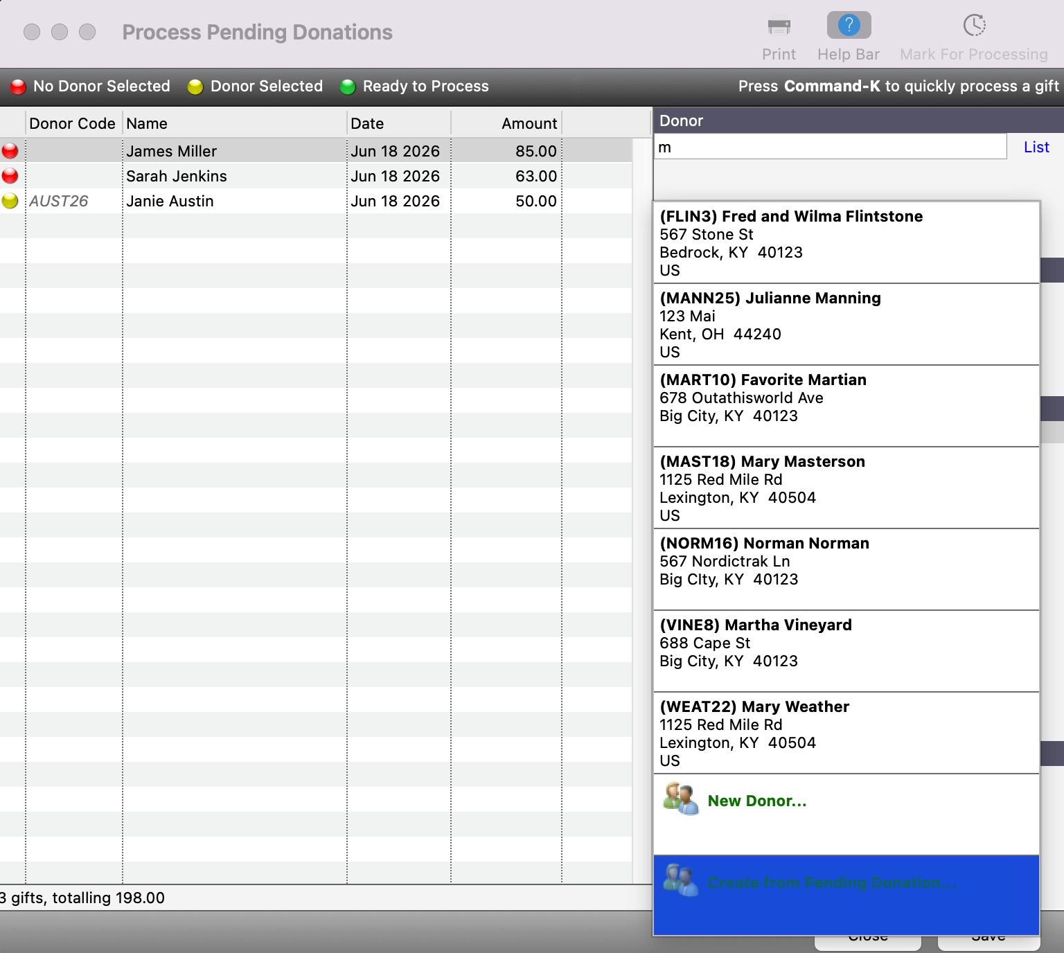 Process Pending Donation queue with a list of potential donor records. The create from Process Pending Donations option is highlighted.