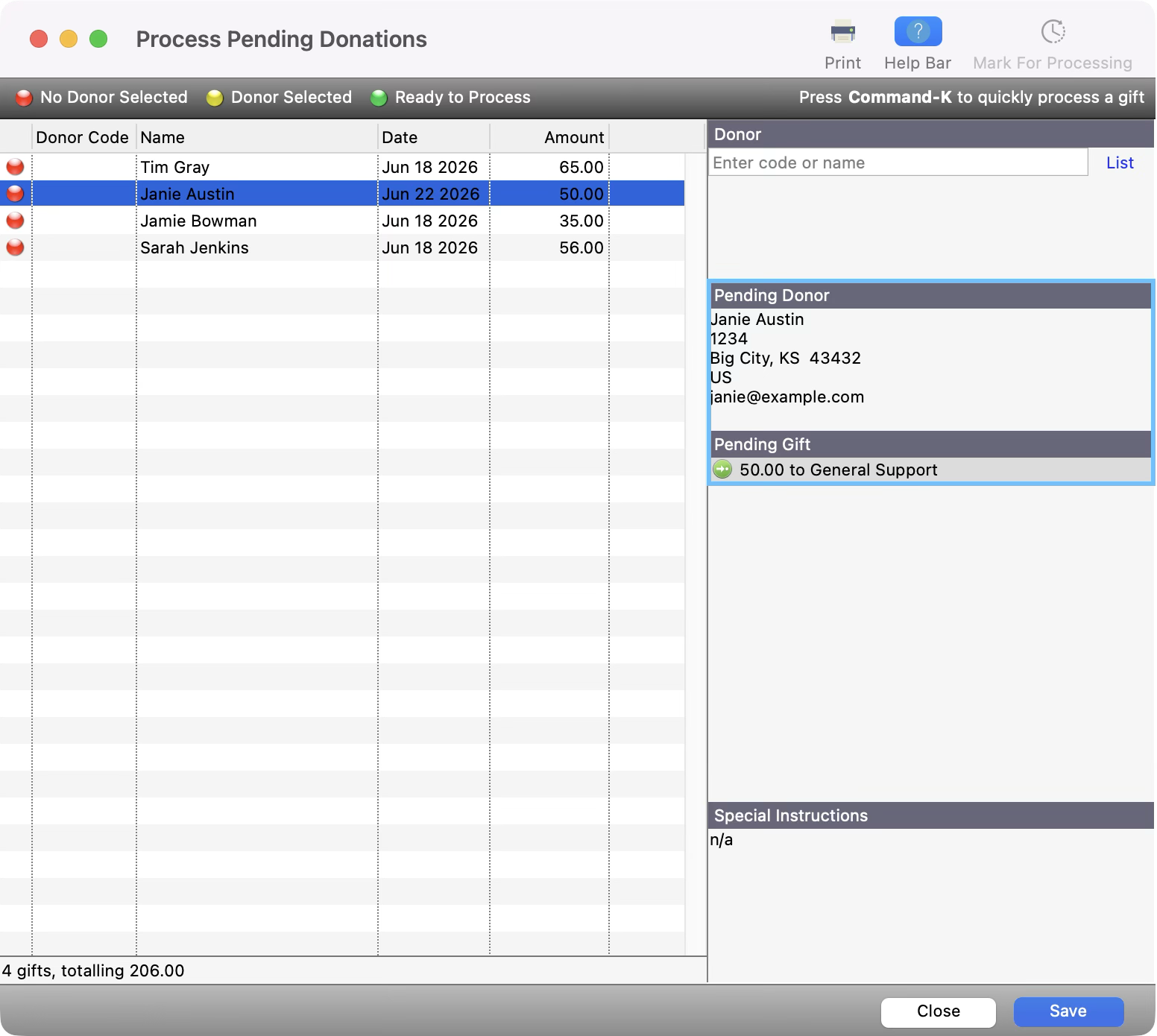 Process Pending Donation window with the donor's address and pending gift details highlighted. 
