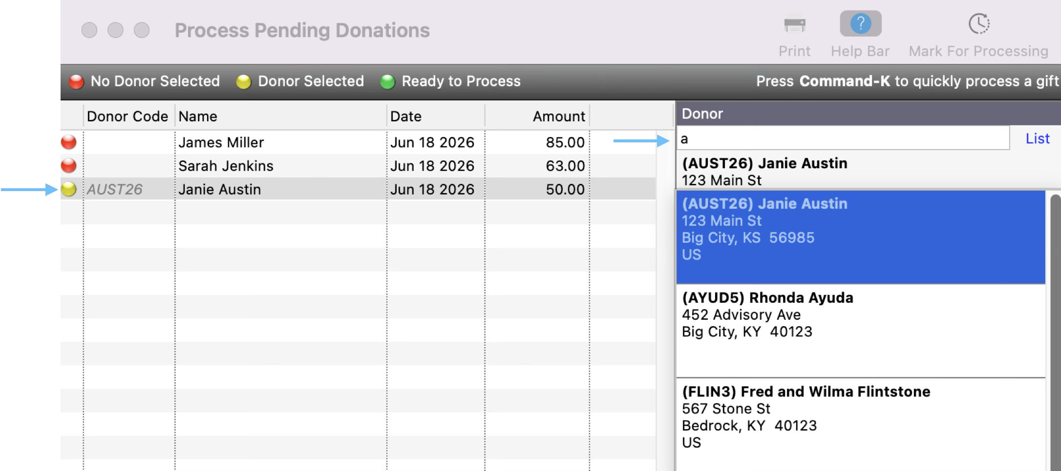 The Process Pending Donation window with a list of donor options from the search. A donor record has been selected and an arrow is pointing to the yellow dot next to the donation.