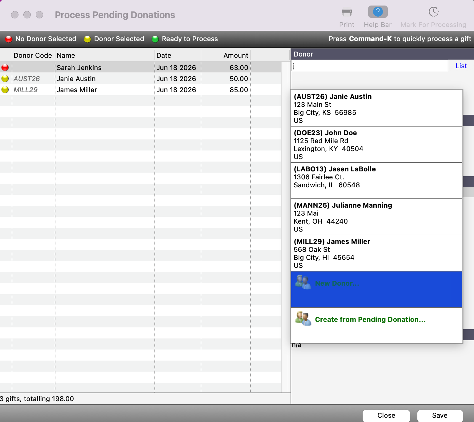 Process Pending Donation queue with a list of potential donor records. The New Donor option is highlighted.